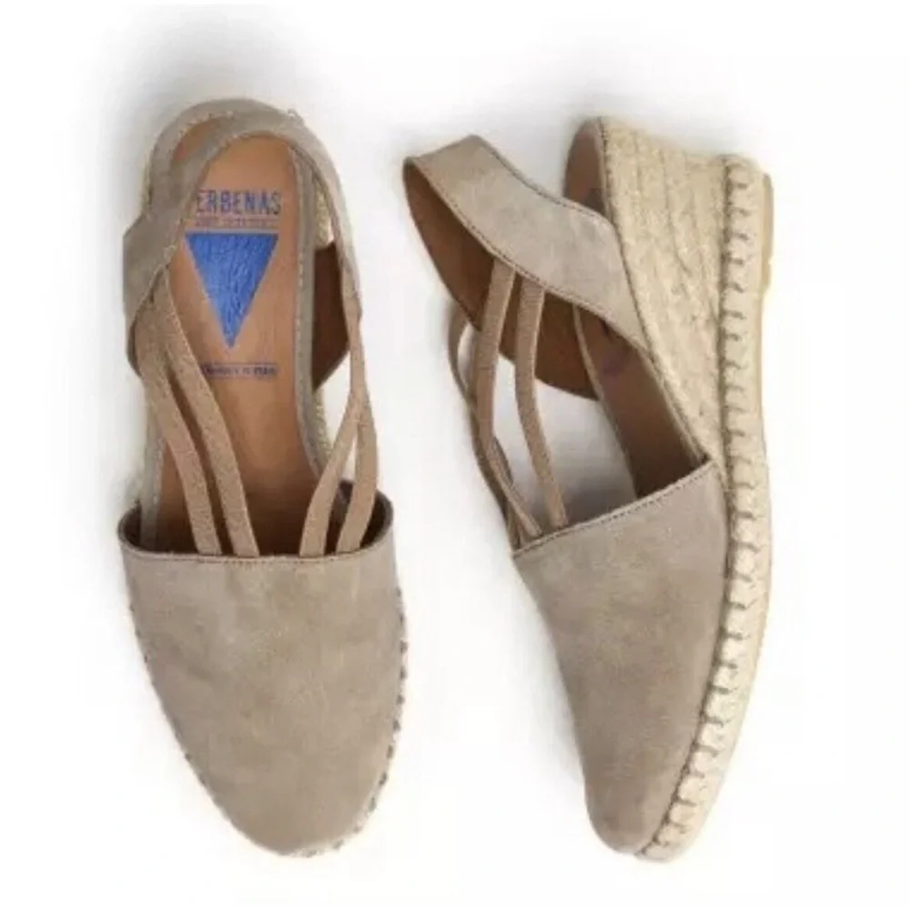 VERBENAS Maika Beachy Boho Tan Genuine Leather Slip On Espadrille Wedges